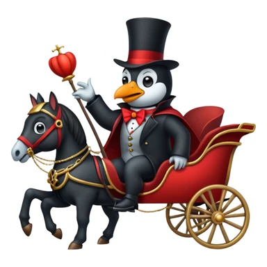 A penguin dressed as dracula riding a 3 horse carriage sticker