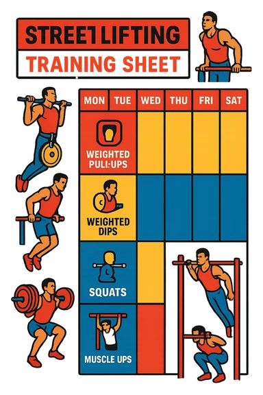 a streetlifting training sheet with icons for each exercise—weighted pull-ups, weighted dips, squats, muscle-ups—organized in a weekly schedule. Around the sheet, small illustrations show athletes performing each movement with proper form. The color palette is bold and energetic, and the background is clean and minimal. sticker