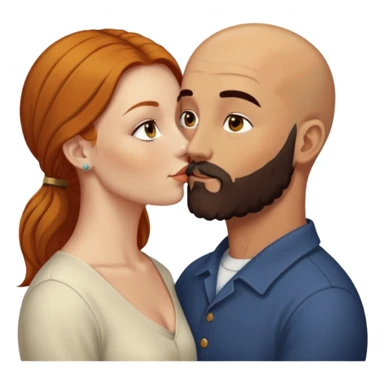 Couple. Bald man with dark brown-black beard. White woman with many small, faded freckles, she has white skin and she has auburn-yellow-brown-cinnamon, dark long hair. She has light brown eyes. The man have hazel eyes. Retro style. They kiss. sticker