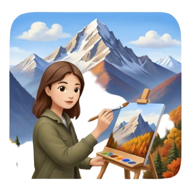 Artist painting a beautiful autumn mountain peak destination on canvas sticker