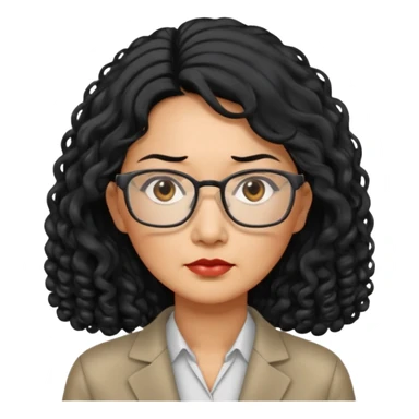 middle-aged Asian woman, long curly hair, small rectangular metal glasses, serious expression, manager sticker