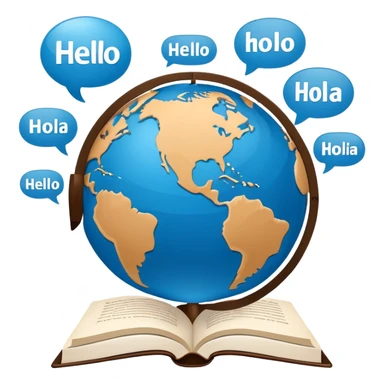 An icon showing a globe surrounded by speech bubbles with greetings in different languages, like 'Hello,' 'Hola,' and 'Bonjour.' The design includes an open book and a quill, symbolizing learning and communication. Transparent background emphasizes global connection through language. sticker