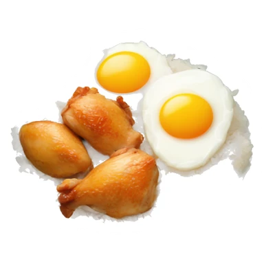 a bowl of rice with two eggs and chicken thigh sticker