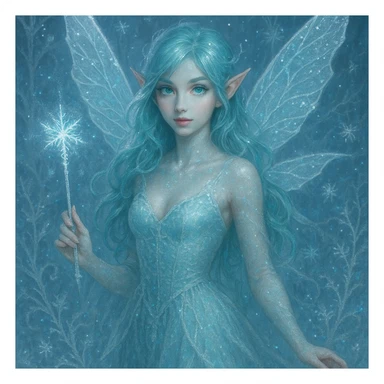 ice fairy with aqua-colored eyes and hair, holding a frosty wand, shimmering, elegant, fantasy style sticker