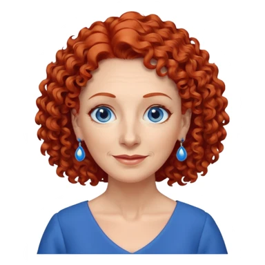una profesora mayor simpática con el pelo rojo rizado, ojos azules, vestido azul y pendientes azules sticker