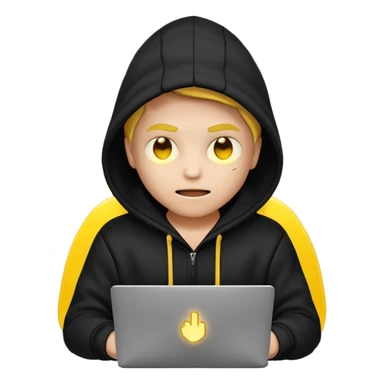 hacker emoji wearing a hoodie with a mysterious expression and glowing laptop sticker