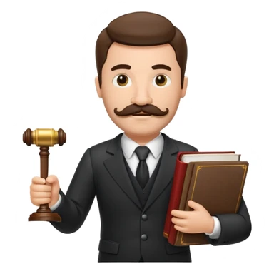 Create a male lawyer. he is wearing a fromal suit jckeret. He is holding a gavel in one hand and a book tucked under his another arm. He has a mustache and BEARD both! sticker