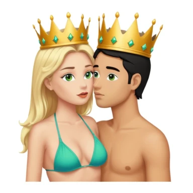 Blonde Queen with crown Green eyes in Bikini kissing Male subject without crown black hair blue eyes Background living room  sticker