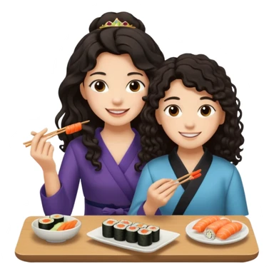 czarnowłosa ksieżniczka w dlugich wlosach je sushi z chłopakiem o czarno brązowych kręconych włosach i są zadowoleni i są nastolatkami i te włosy są lekko krecone sticker