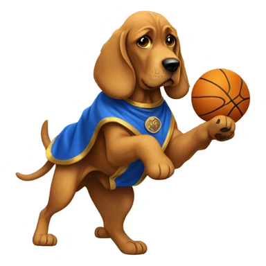 A bloodhound with a blue and Gold cape spinning a basketball on its paw! sticker