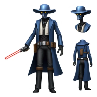 friendly frantic bounty hunter tarnished undercover tough well-equipped Jedi life-sized darkblue-pearl battle droid leather vest clothing pants and vest old west duster coat holding light saber sheriff holstered gun hat floating sticker