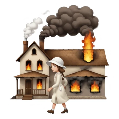 handmaids tale style woman burning house down walking away from house. shes wearing the nun hands maid tale hat cant see her face with brown hair  sticker