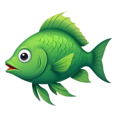 super derpy green fish with droopy eye and goofy overbite, perfect flat side profile facing right, exactly 90 degrees, completely 2D like a paper cutout, only one eye visible, absolute side view sticker
