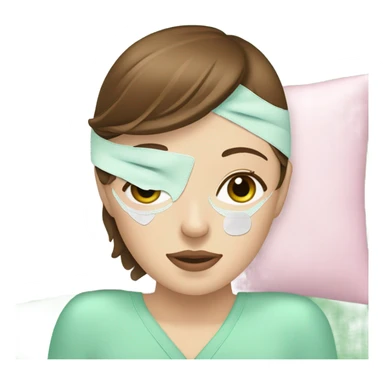 Girl with brown hair freackles white skin tone and blue eyes wears green sheet mask relaxing her eyes closed and two pickple piece over her eyes sticker