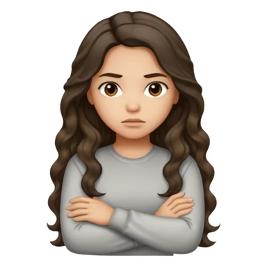 Hispanic light tan girl with long dark wavy hair with arms folded and pouting. Wearing a long sleeve. Hair with middle part. sticker