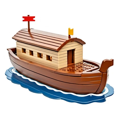 Huge empty wooden Lego Noah's ark boat on water, wide and spacious, no occupants, realistic details sticker