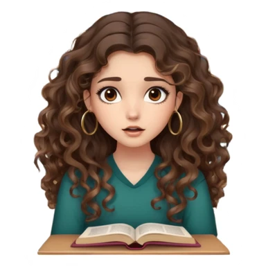 cute girl long brunette balayage curly/wavy not voluminous hair, brown eyes, hoop earrings, natural pretty clean makeup: shocked surrounded by lots and lots of books she needs to study  sticker