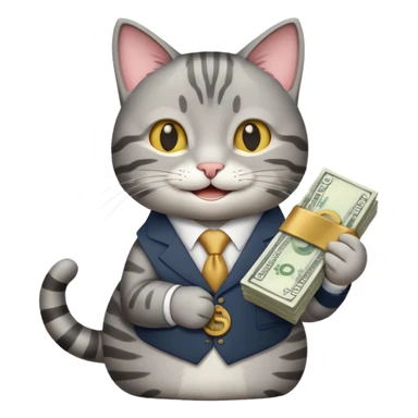A business cat holding a stack of money, looking happy sticker