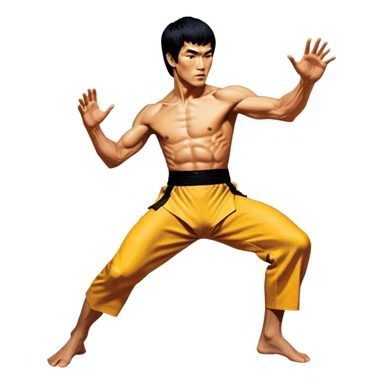 Cinematic Realistic Bruce Lee Portrait Emoji, depicted as a dynamic martial arts icon with an intense gaze and athletic physique caught in a fluid motion, rendered with vivid textures and energetic lighting that embodies his legendary prowess. sticker