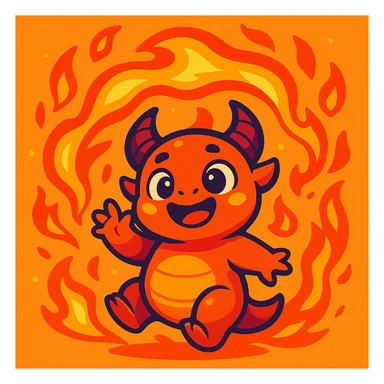 a baby monster with fire swirling around it, vibrant colors, playful and friendly expression, fantasy illustration sticker