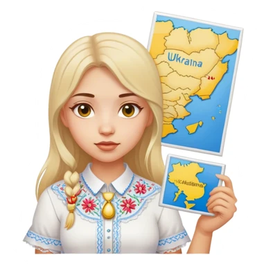 A Ukrainian girl in a white embroidered shirt holds a map of Ukraine sticker