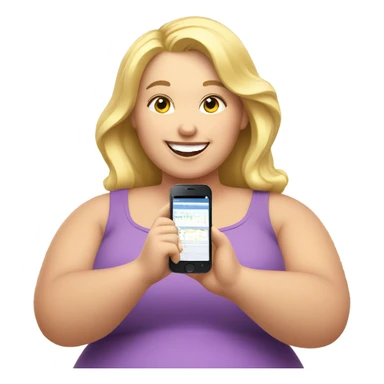 overweight curl blondie woman happy with a smartphone in hands showing charts sticker