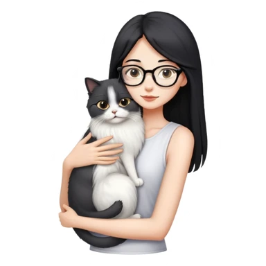 Skinny woman with oval glasses, long straight black hair, wearing white sleeveless top, hugging a grey Persian-Angora cat, plain background sticker