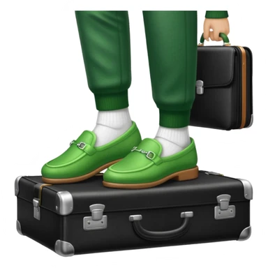 Feet with white socks wearing green house slippers standing on a briefcase sticker