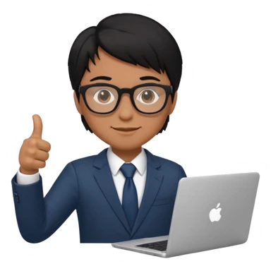 un estudiante con lentes y su laptop CON TERNO Y CABELLO NEGRO,   DANDO LIKE sticker