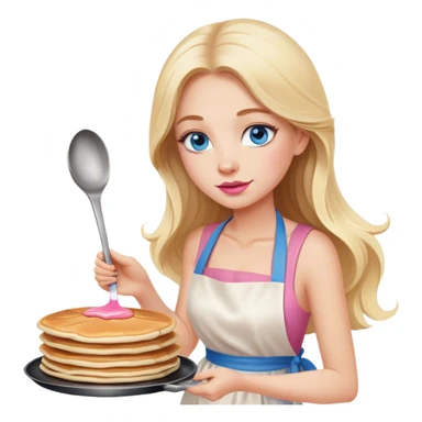 Cinematic realistic beautiful blonde with long hair, blue eyes and pink lips in a white dress cooks pancakes sticker