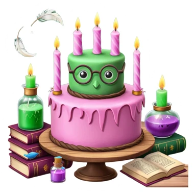 Harry Potter themed pink birthday cake with green 'Happy Birthday Harry' icing, surrounded by wizard books, candles, potion bottles, feathers, and glasses on wooden table, magical atmosphere." sticker