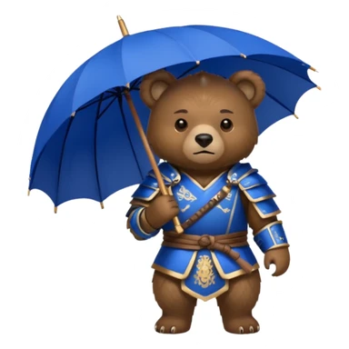 Bear with blue umbrella, wearing samurai sticker