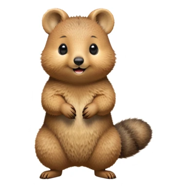 cinematic-quokka-realistic-full-body-standing-emoji,-small-round-frame-balanced-on-tiny-strong-hind-legs,-fluffy-brown-fur-radiating-a-warm-softness,-big-round-eyes-filled-with-joy-and-innocence,-tiny-clawed-paws-held-close-to-chest,-cheerful-smile-exuding-endearing-happiness,-simplified-yet-realistic-focused-features,-highly-detailed,-glowing-with-a-sunny-warmth sticker