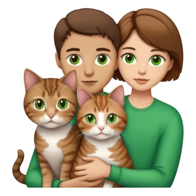 white couple with brown hair, man has short hair and brown eyes. woman has long hair and green eyes .they’re holding a tabby cat  sticker