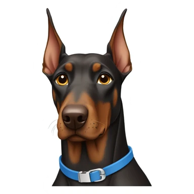 Brown Doberman with a blue collar sticker