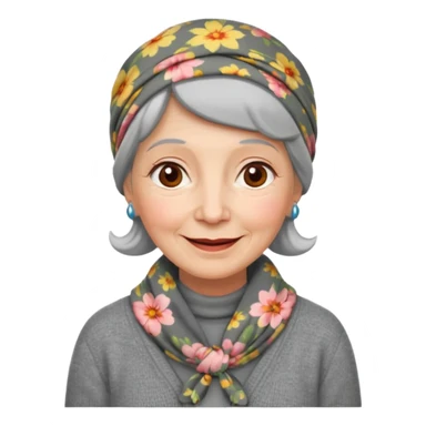 A kind old Soviet village grandmother emoji — elderly woman wearing a floral headscarf tied under her chin, simple gray cardigan, warm smile, friendly face, flat emoji style, minimal Apple-like design. sticker