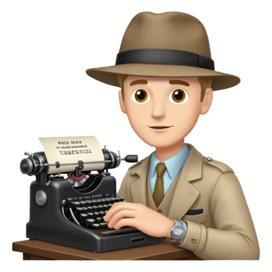 white man journalist typing on a vintage typewriter, press badge on hat sticker