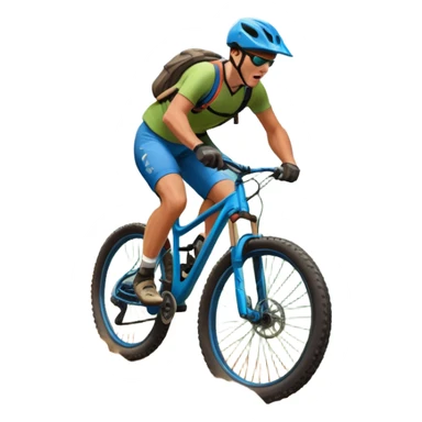 An icon featuring a mountain bike with thick tires on a rugged trail. A cyclist in a helmet rides downhill, kicking up dust. The background showcases a breathtaking mountain landscape with green slopes, rocky peaks, and a bright blue sky. Transparent background emphasizes adventure and speed sticker
