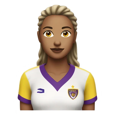 a woman soccer player in white jersey with purple pinstripes and yellow collar sticker