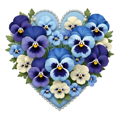 A heart-shaped floral arrangement of deep blue and pastel blue pansies, intricately designed with navy and baby blue accents, resting on a pearl satin fabric and adorned with tiny silver embellishments.
 sticker