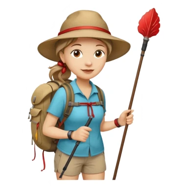 Middle aged women, long brown ponytail with wide brim hiking hat. With backpack and trekking poles. Backpack has a scallop shell with the cross of saint james hanging from it.  Remove the cross and add a scallop shell on a red string hanging from the backpack  sticker