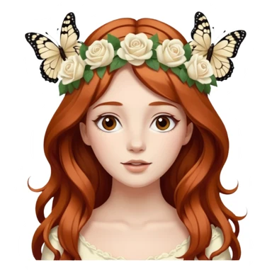 Woman with long flowing auburn hair wearing a flower crown with white and cream colored roses and butterflies in it sticker