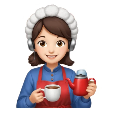 A cozy vendor with fluffy earmuffs, wearing apron handing out steaming cocoa with a warm smile. sticker