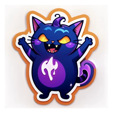 A chubby, dark blue cartoon cat with a magical and spooky yet adorable appearance, inspired by Halloween sticker aesthetics. The cat is laughing uncontrollably, rolling on the floor or clutching its belly, eyes squinted with joy. Its fur has subtle glowing magical symbols, and small floating sparkles surround it. The cat’s expression is playful and mischievous, with tiny fangs peeking out. The background is dark yet whimsical, featuring floating candles, cobwebs, and a soft purple glow. The art style is cute, rounded, and slightly eerie, resembling Halloween-themed stickers with bold outlines and vibrant color sticker