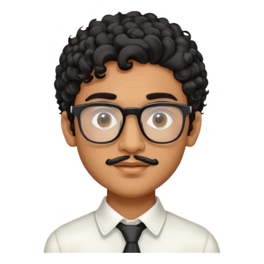 An Indian brown boy with curly black hair, prominent facial features like a jawline, and nose. With Prada transparent glasses and little facial hair sticker