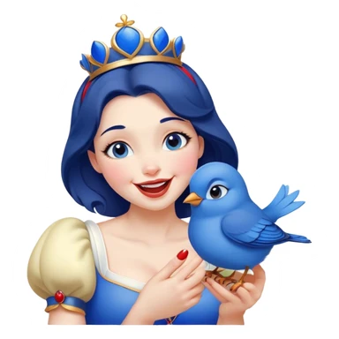 Cinematic Adorable Snow White Portrait Emoji, Giggling as a bluebird perches on her finger, cheeks rosy with joy, bright expressive eyes full of wonder, her innocence and beauty blending into a heartwarming moment! sticker