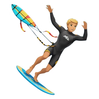 An athlete in a wetsuit riding a kiteboard, soaring over the sea waves with the kite high in the sky. The background features a vibrant blue sky and crashing ocean waves, capturing the thrill and freedom of kitesurfing in dynamic motion. sticker