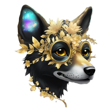 Black iridescent dog fox zombie skeleton gold mechanical nebula galaxy stars flowers fairy lights vintage sticker
