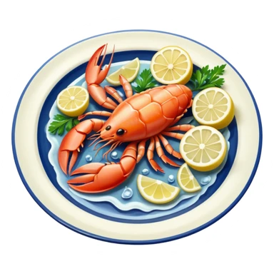 seafood on a porcelain platter with lemon  sticker