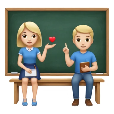 Girl is teaching a guy how to make emojis. Girl at blackboard, guy on bench learning. sticker